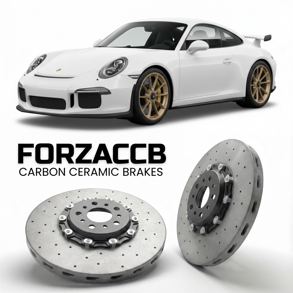ForzaCCB direct OEM replacement carbon ceramic brake rotors for 2014 to 2019 Porsche 911 GT3 991 models, shown with a white Porsche 911 GT3 car.