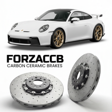 ForzaCCB direct OEM replacement carbon ceramic brake rotors for 2022 and newer Porsche 911 GT3 992 models, shown with a white Porsche 911 GT3 car.