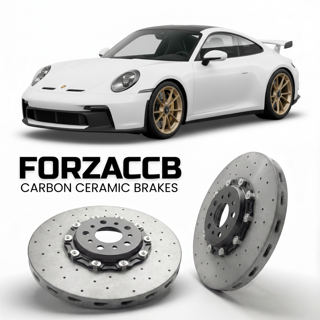 ForzaCCB direct OEM replacement carbon ceramic brake rotors for 2022 and newer Porsche 911 GT3 992 models, shown with a white Porsche 911 GT3 car.