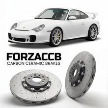 ForzaCCB direct OEM replacement carbon ceramic brake rotors for 1999 to 2001 Porsche 911 GT3 Mk1 996 models, shown with a white Porsche 911 GT3 Mk1 car.