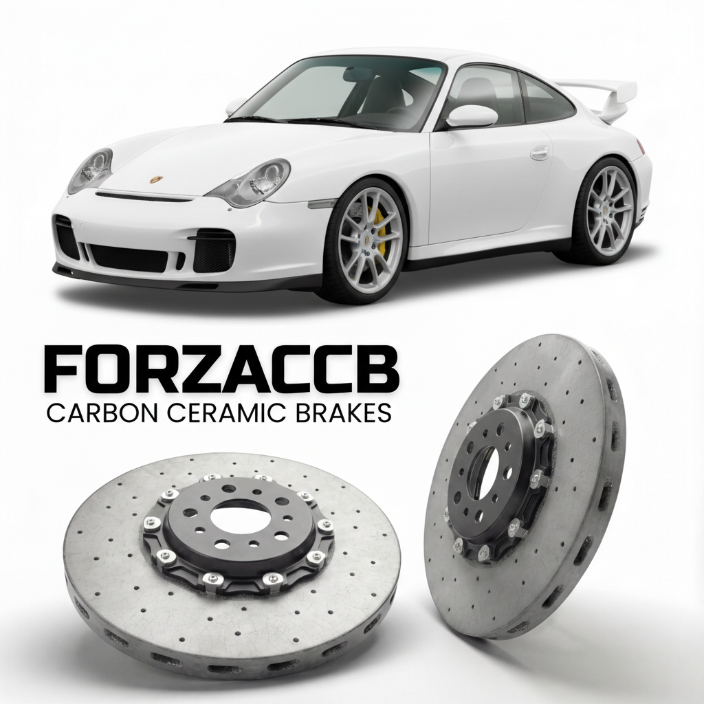 ForzaCCB direct OEM replacement carbon ceramic brake rotors for 1999 to 2001 Porsche 911 GT3 Mk1 996 models, shown with a white Porsche 911 GT3 Mk1 car.