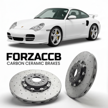 ForzaCCB direct OEM replacement carbon ceramic brake rotors for 2003 to 2005 Porsche 911 GT3 Mk2 996 models, shown with a white Porsche 911 GT3 Mk2 car.