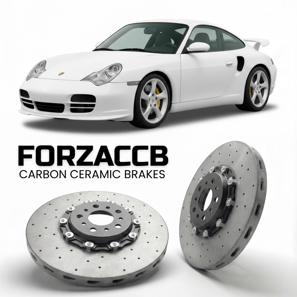 ForzaCCB direct OEM replacement carbon ceramic brake rotors for 2003 to 2005 Porsche 911 GT3 Mk2 996 models, shown with a white Porsche 911 GT3 Mk2 car.