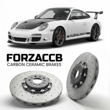 ForzaCCB direct OEM replacement carbon ceramic brake rotors for 2011 Porsche 911 GT3 RS 4.0 997.2 models, shown with a white Porsche 911 GT3 RS 4.0 car.
