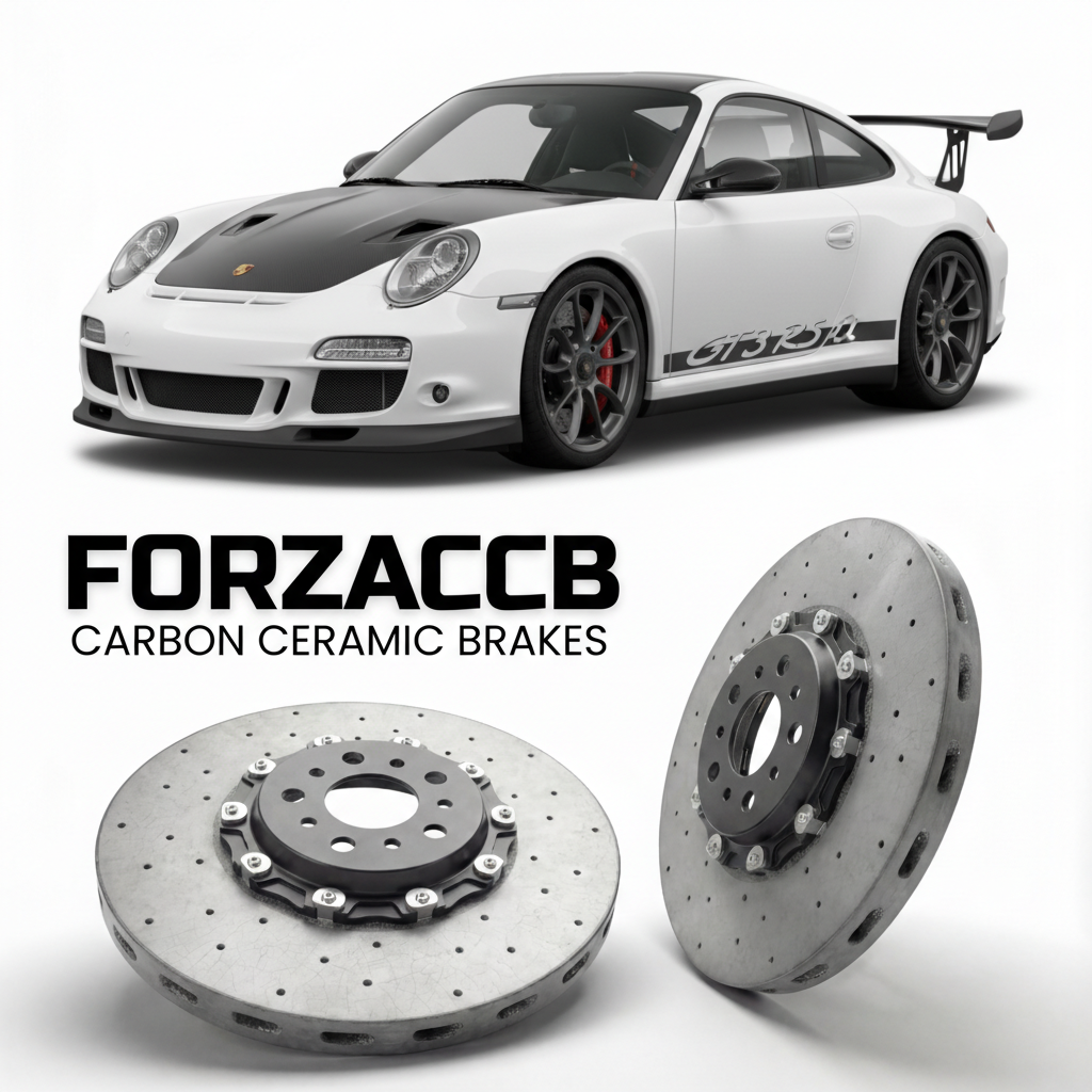 ForzaCCB direct OEM replacement carbon ceramic brake rotors for 2011 Porsche 911 GT3 RS 4.0 997.2 models, shown with a white Porsche 911 GT3 RS 4.0 car.