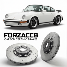 ForzaCCB direct OEM replacement carbon ceramic brake rotors for 1980 to 1983 Porsche 911 SC models, shown with a white Porsche 911 SC car.