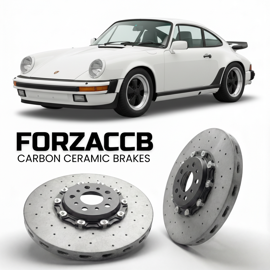 ForzaCCB direct OEM replacement carbon ceramic brake rotors for 1980 to 1983 Porsche 911 SC models, shown with a white Porsche 911 SC car.
