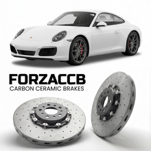 ForzaCCB direct OEM replacement carbon ceramic brake rotors for 2017 to 2019 Porsche 911 T 991.2 models, shown with a white Porsche 911 T car.