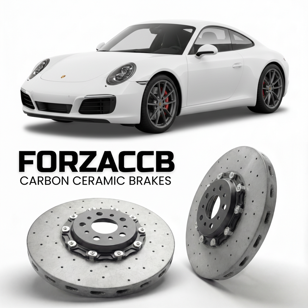 ForzaCCB direct OEM replacement carbon ceramic brake rotors for 2017 to 2019 Porsche 911 T 991.2 models, shown with a white Porsche 911 T car.
