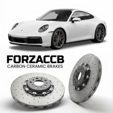 ForzaCCB direct OEM replacement carbon ceramic brake rotors for 2020 and newer Porsche 911 T 992 models, shown with a white Porsche 911 T car.