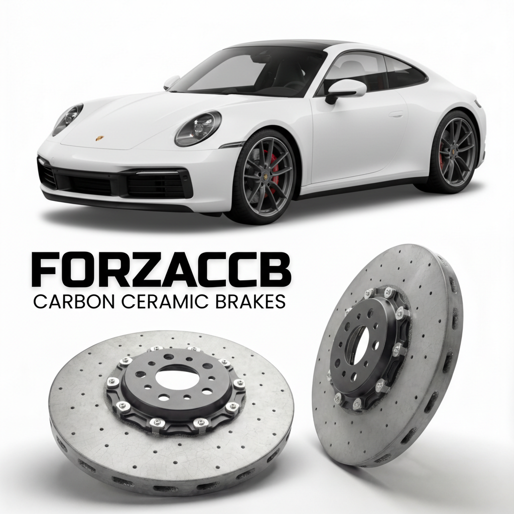 ForzaCCB direct OEM replacement carbon ceramic brake rotors for 2020 and newer Porsche 911 T 992 models, shown with a white Porsche 911 T car.