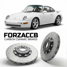 ForzaCCB direct OEM replacement carbon ceramic brake rotors for 1995 to 1998 Porsche 911 Turbo 993 models, shown with a white Porsche 911 Turbo car.