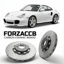 ForzaCCB direct OEM replacement carbon ceramic brake rotors for 2001 to 2005 Porsche 911 Turbo 996 models, shown with a white Porsche 911 Turbo car.