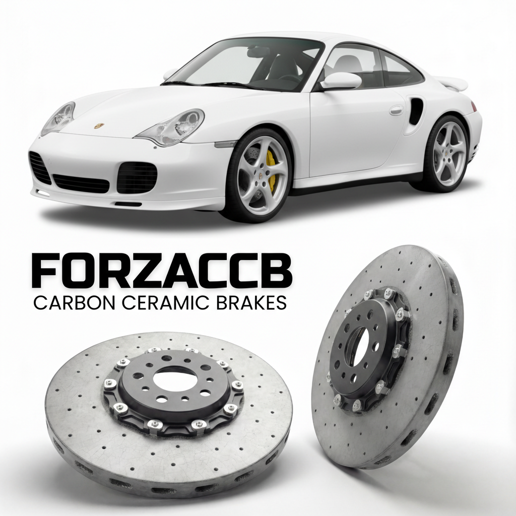 ForzaCCB direct OEM replacement carbon ceramic brake rotors for 2001 to 2005 Porsche 911 Turbo 996 models, shown with a white Porsche 911 Turbo car.