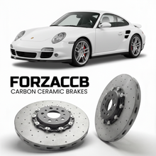 ForzaCCB direct OEM replacement carbon ceramic brake rotors for 2006 to 2009 Porsche 911 Turbo models, shown with a white Porsche 911 Turbo car.