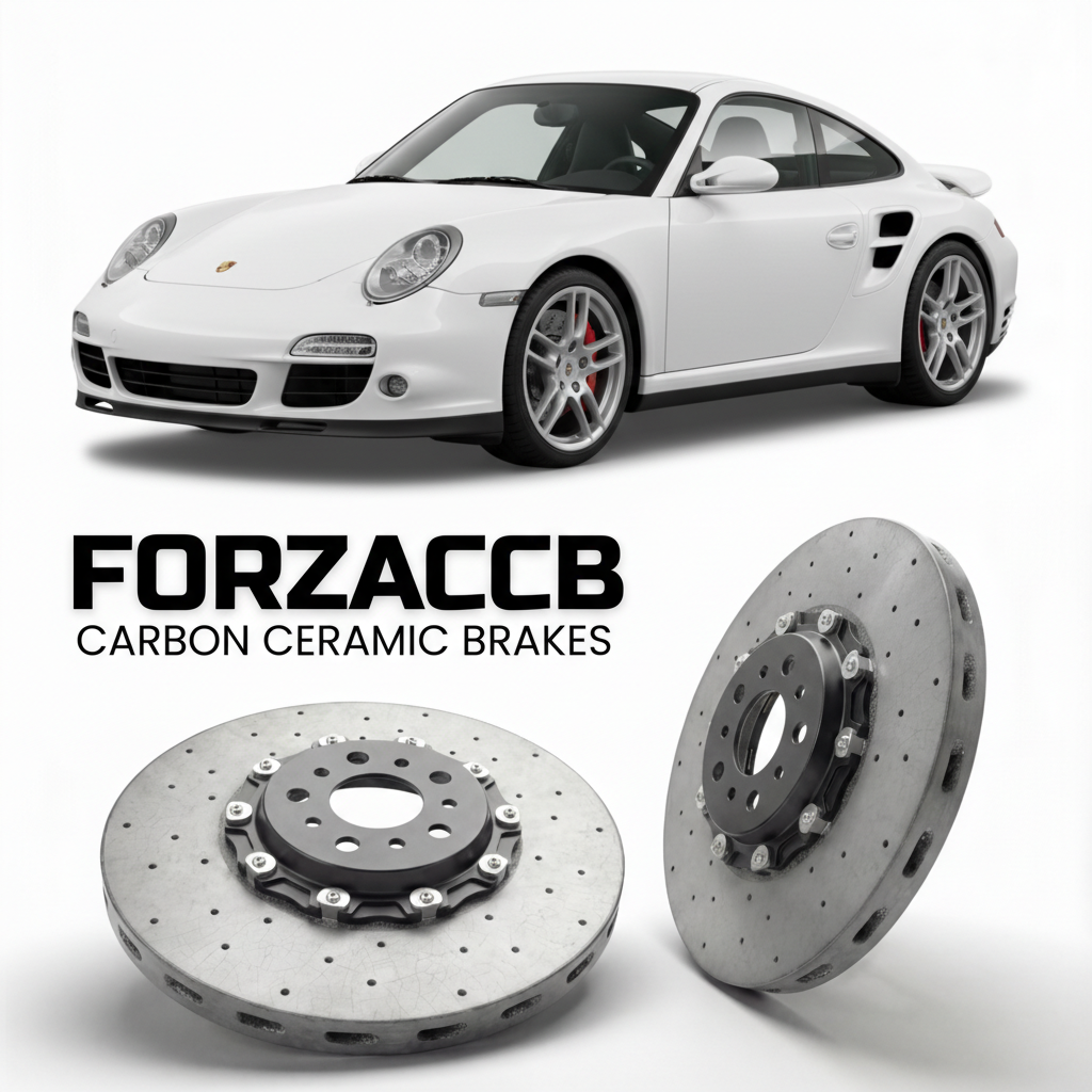 ForzaCCB direct OEM replacement carbon ceramic brake rotors for 2006 to 2009 Porsche 911 Turbo models, shown with a white Porsche 911 Turbo car.