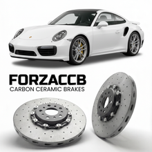 ForzaCCB direct OEM replacement carbon ceramic brake rotors for 2014 to 2019 Porsche 911 Turbo models, shown with a white Porsche 911 Turbo car.