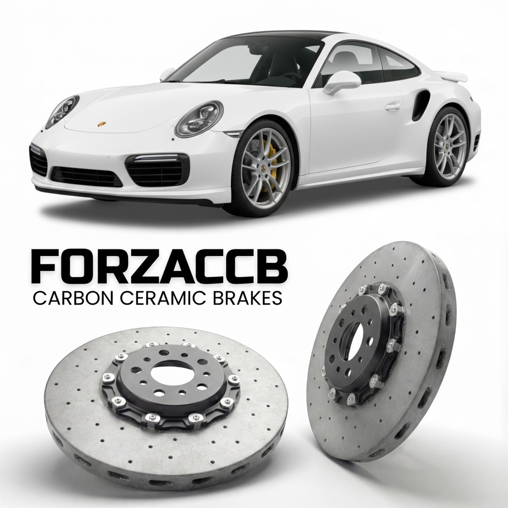 ForzaCCB direct OEM replacement carbon ceramic brake rotors for 2014 to 2019 Porsche 911 Turbo models, shown with a white Porsche 911 Turbo car.