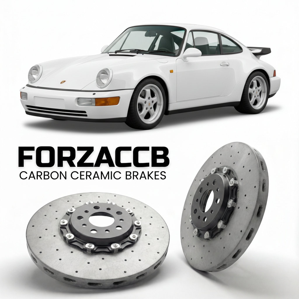 ForzaCCB direct OEM replacement carbon ceramic brake rotors for 1991 to 1992 Porsche 911 Turbo 3.3 964 models, shown with a white Porsche 911 Turbo 3.3 car.