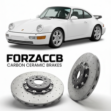 ForzaCCB direct OEM replacement carbon ceramic brake rotors for 1993 to 1994 Porsche 911 Turbo 3.6 964 models, shown with a white Porsche 911 Turbo 3.6 car.