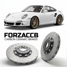 ForzaCCB direct OEM replacement carbon ceramic brake rotors for 2010 to 2013 Porsche 911 Turbo S 997.2 models, shown with a white Porsche 911 Turbo S car.