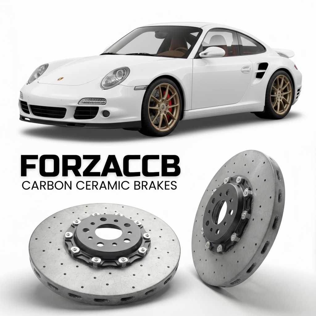 ForzaCCB direct OEM replacement carbon ceramic brake rotors for 2010 to 2013 Porsche 911 Turbo S 997.2 models, shown with a white Porsche 911 Turbo S car.