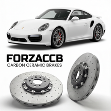 ForzaCCB direct OEM replacement carbon ceramic brake rotors for 2014 to 2019 Porsche 911 Turbo S 991 models, shown with a white Porsche 911 Turbo S car.