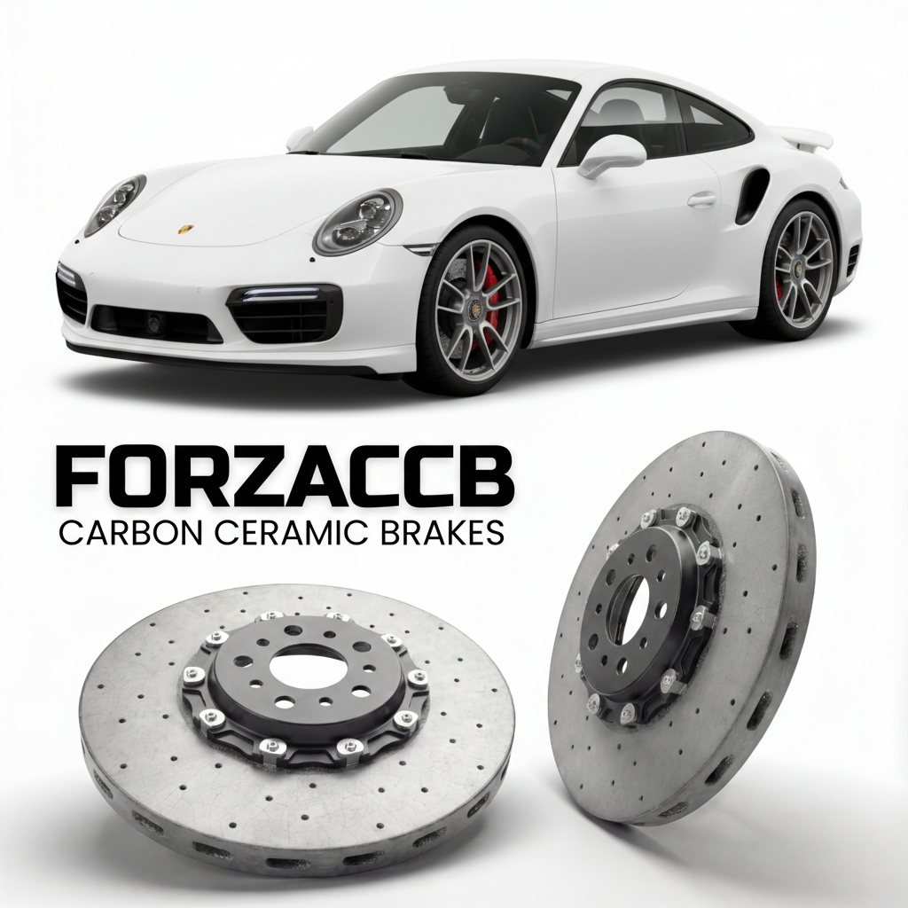 ForzaCCB direct OEM replacement carbon ceramic brake rotors for 2014 to 2019 Porsche 911 Turbo S 991 models, shown with a white Porsche 911 Turbo S car.