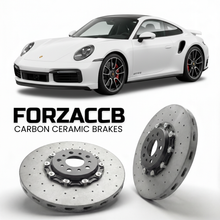 ForzaCCB direct OEM replacement carbon ceramic brake rotors for 2021 and newer Porsche 911 Turbo S 992 models, shown with a white Porsche 911 Turbo S car.
