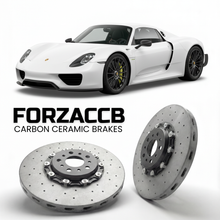 ForzaCCB direct OEM replacement carbon ceramic brake rotors for 2013 to 2015 Porsche 918 Spyder models, shown with a white Porsche 918 Spyder car.
