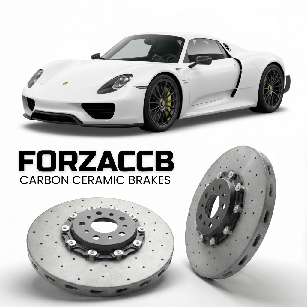 ForzaCCB direct OEM replacement carbon ceramic brake rotors for 2013 to 2015 Porsche 918 Spyder models, shown with a white Porsche 918 Spyder car.