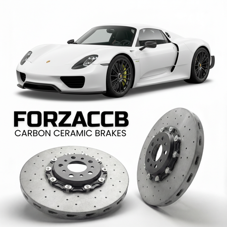 ForzaCCB direct OEM replacement carbon ceramic brake rotors for 2013 to 2015 Porsche 918 Spyder models, shown with a white Porsche 918 Spyder car.