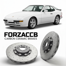 ForzaCCB direct OEM replacement carbon ceramic brake rotors for 1980 to 1985 Porsche 924 2.0 NA models, shown with a white Porsche 924 2.0 NA car.