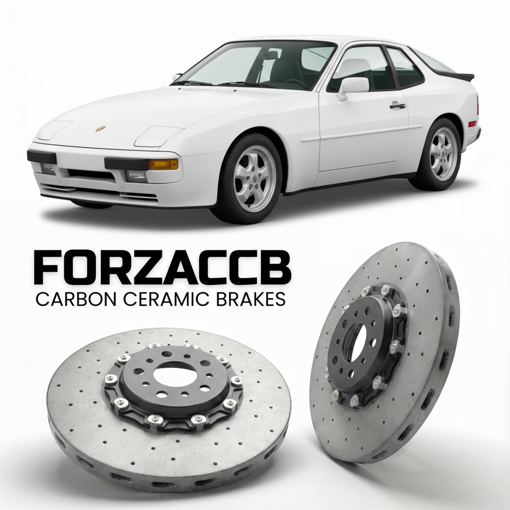 ForzaCCB direct OEM replacement carbon ceramic brake rotors for 1980 to 1985 Porsche 924 2.0 NA models, shown with a white Porsche 924 2.0 NA car.