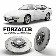 ForzaCCB direct OEM replacement carbon ceramic brake rotors for 1986 to 1988 Porsche 924 S models, shown with a white Porsche 924 S car.