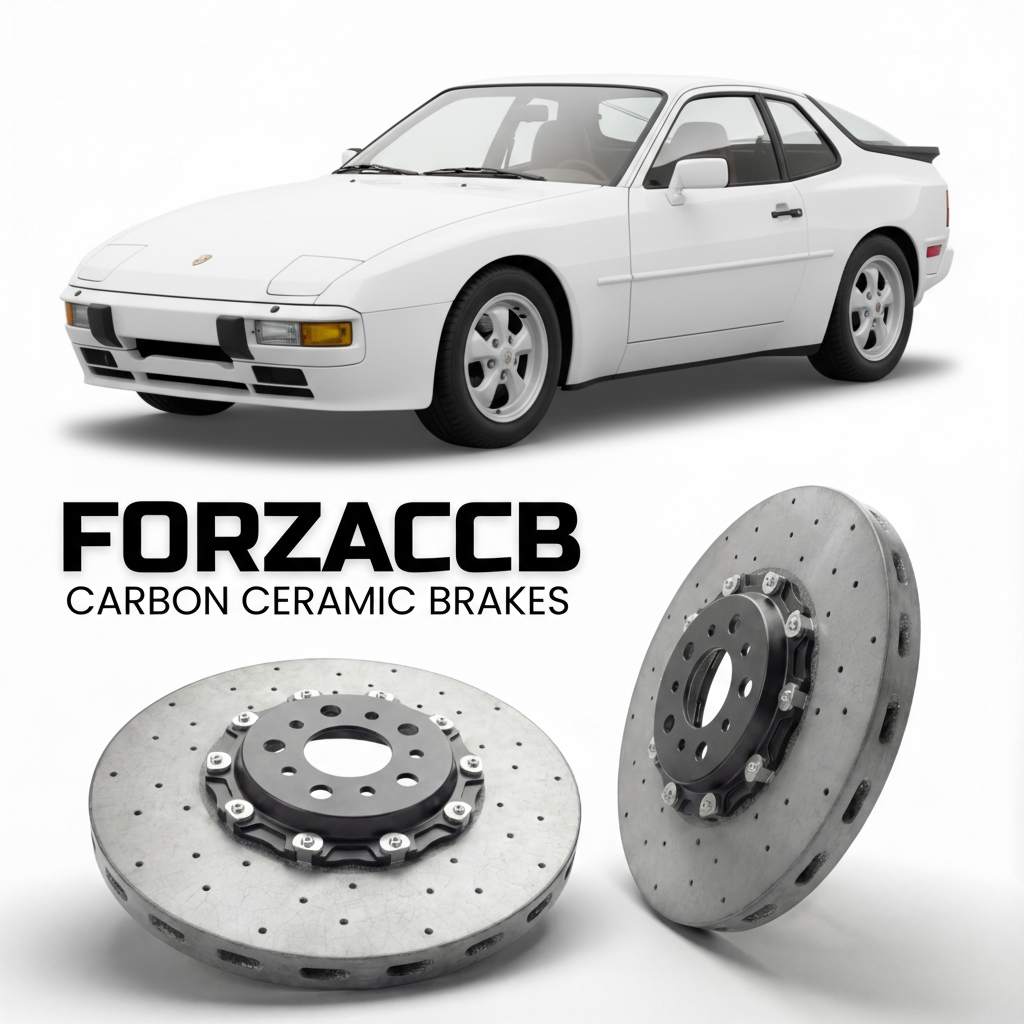 ForzaCCB direct OEM replacement carbon ceramic brake rotors for 1986 to 1988 Porsche 924 S models, shown with a white Porsche 924 S car.
