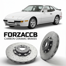 ForzaCCB direct OEM replacement carbon ceramic brake rotors for 1980 to 1982 Porsche 924 Turbo 931 models, shown with a white Porsche 924 Turbo car.