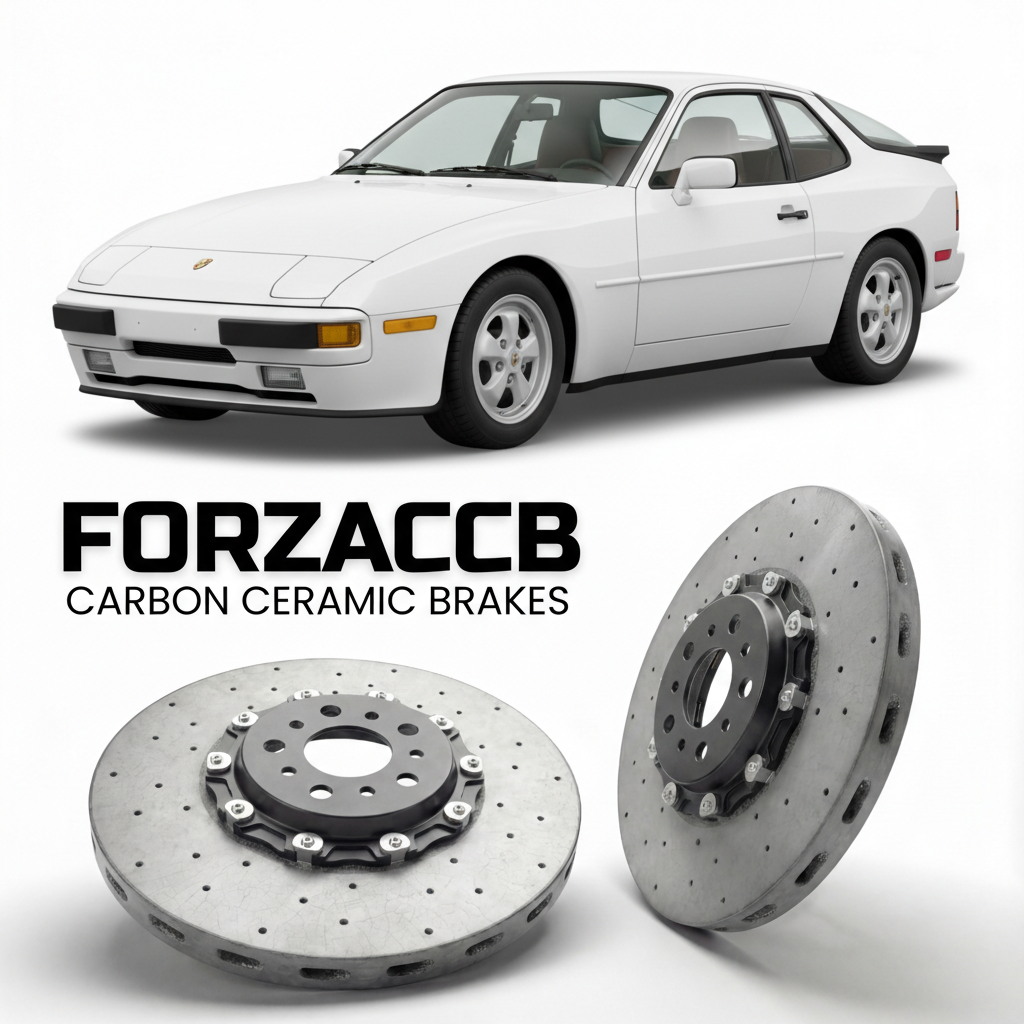 ForzaCCB direct OEM replacement carbon ceramic brake rotors for 1980 to 1982 Porsche 924 Turbo 931 models, shown with a white Porsche 924 Turbo car.