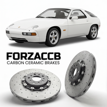 ForzaCCB direct OEM replacement carbon ceramic brake rotors for 1980 to 1981 Porsche 928 models, shown with a white Porsche 928 car.