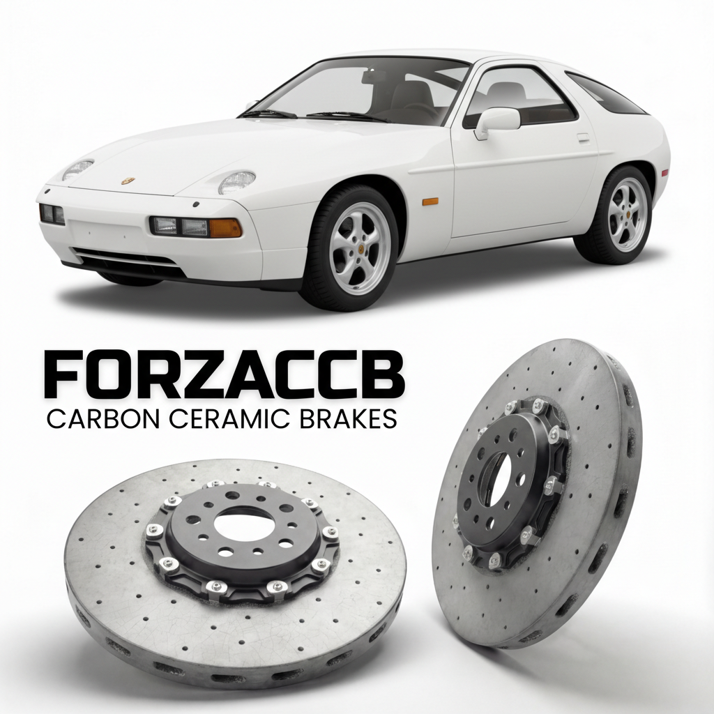 ForzaCCB direct OEM replacement carbon ceramic brake rotors for 1980 to 1981 Porsche 928 models, shown with a white Porsche 928 car.
