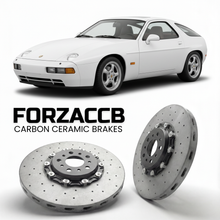 ForzaCCB direct OEM replacement carbon ceramic brake rotors for 1987 to 1991 Porsche 928 GT models, shown with a white Porsche 928 GT car.