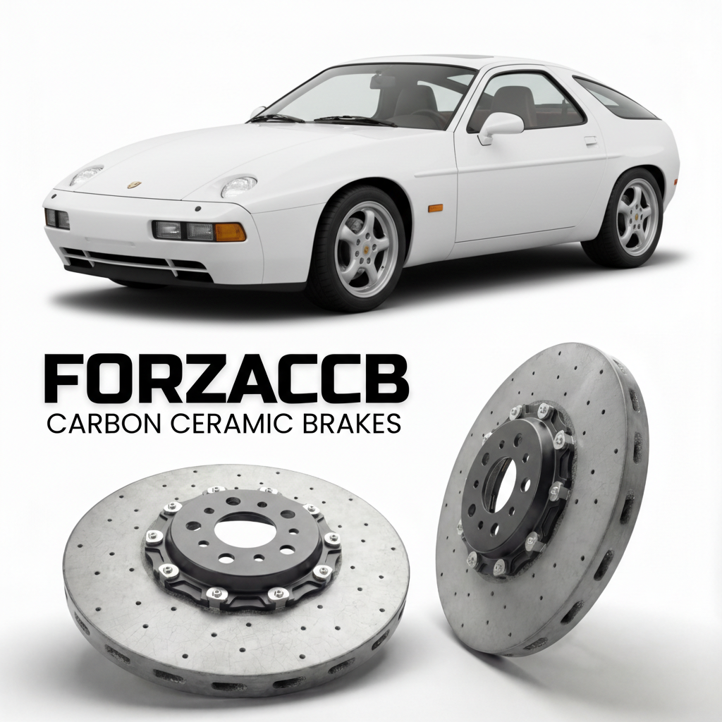 ForzaCCB direct OEM replacement carbon ceramic brake rotors for 1987 to 1991 Porsche 928 GT models, shown with a white Porsche 928 GT car.
