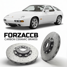 ForzaCCB direct OEM replacement carbon ceramic brake rotors for 1992 to 1995 Porsche 928 GTS models, shown with a white Porsche 928 GTS car.
