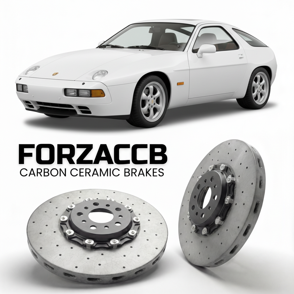 ForzaCCB direct OEM replacement carbon ceramic brake rotors for 1992 to 1995 Porsche 928 GTS models, shown with a white Porsche 928 GTS car.
