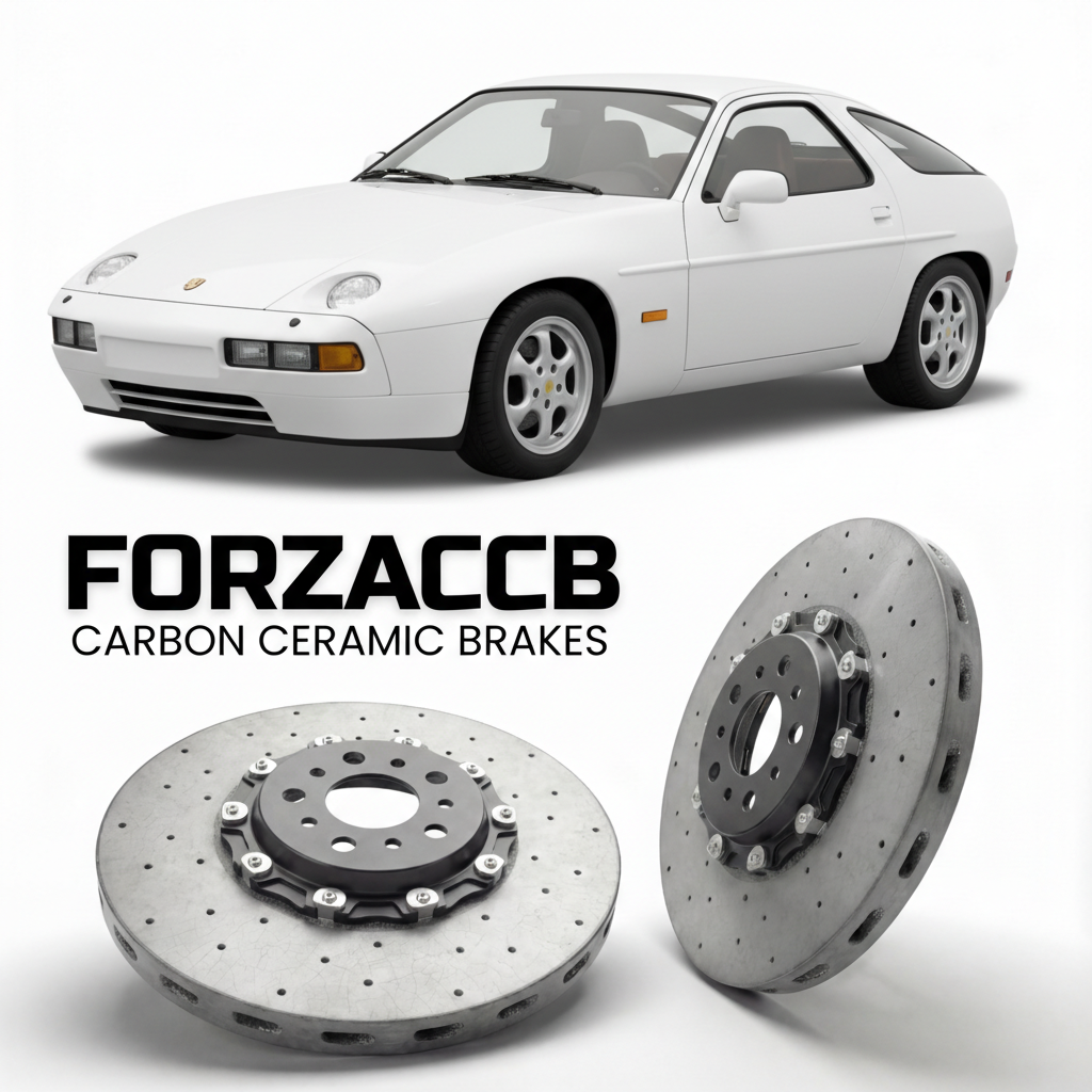 ForzaCCB direct OEM replacement carbon ceramic brake rotors for 1983 to 1986 Porsche 928 S models, shown with a white Porsche 928 S car.