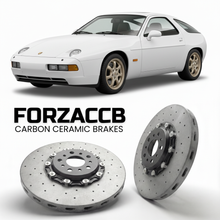 ForzaCCB direct OEM replacement carbon ceramic brake rotors for 1983 to 1986 Porsche 928 S2 models, shown with a white Porsche 928 S2 car.