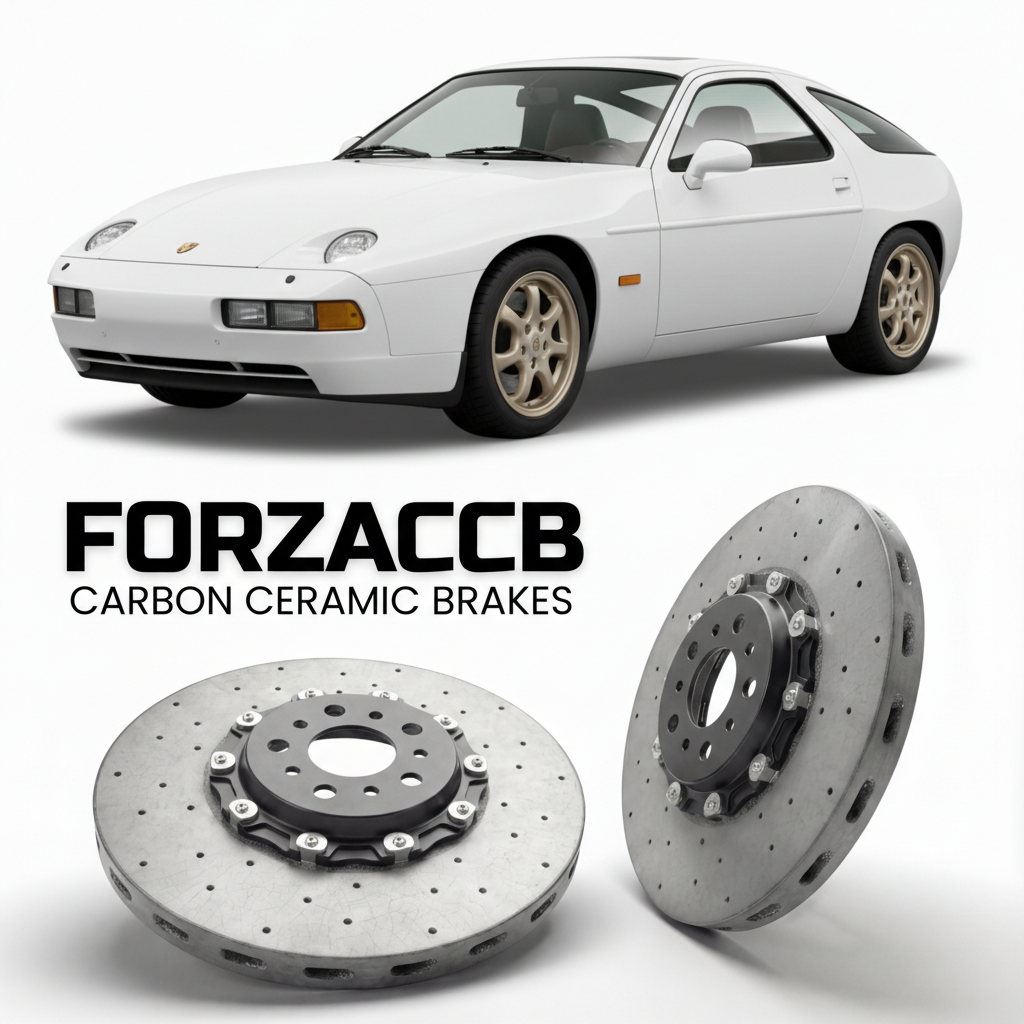 ForzaCCB direct OEM replacement carbon ceramic brake rotors for 1983 to 1986 Porsche 928 S2 models, shown with a white Porsche 928 S2 car.