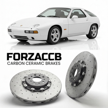 ForzaCCB direct OEM replacement carbon ceramic brake rotors for 1987 to 1991 Porsche 928 S4 models, shown with a white Porsche 928 S4 car.