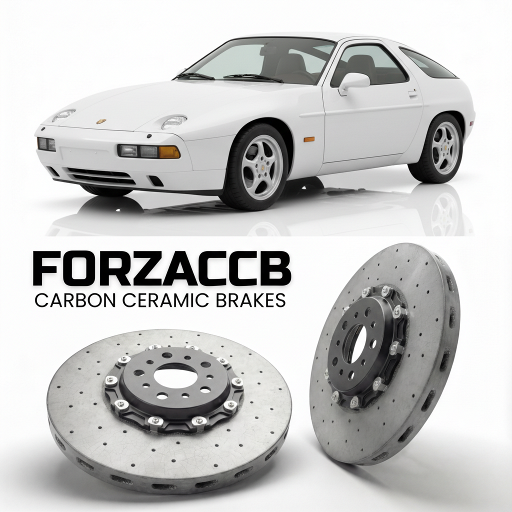 ForzaCCB direct OEM replacement carbon ceramic brake rotors for 1987 to 1991 Porsche 928 S4 models, shown with a white Porsche 928 S4 car.