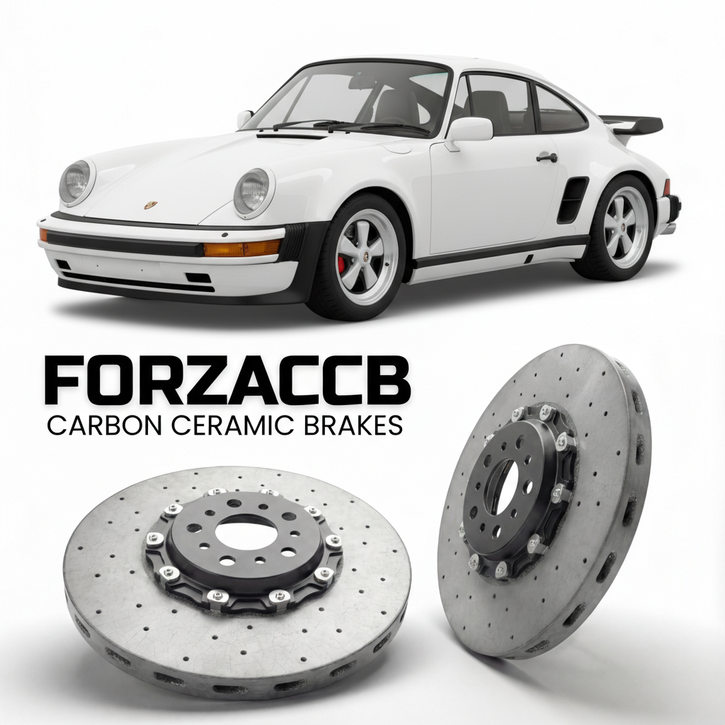 ForzaCCB direct OEM replacement carbon ceramic brake rotors for 1980 to 1989 Porsche 930 Turbo 3.3 models, shown with a white Porsche 930 Turbo 3.3 car.